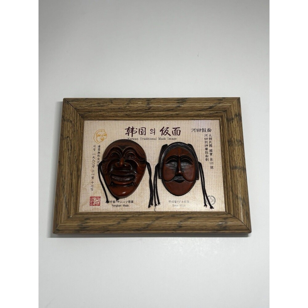 Korean Traditional Mask Image Yangban and Bune Wood Frame 3-D Masks 5.5" x 7.5”
